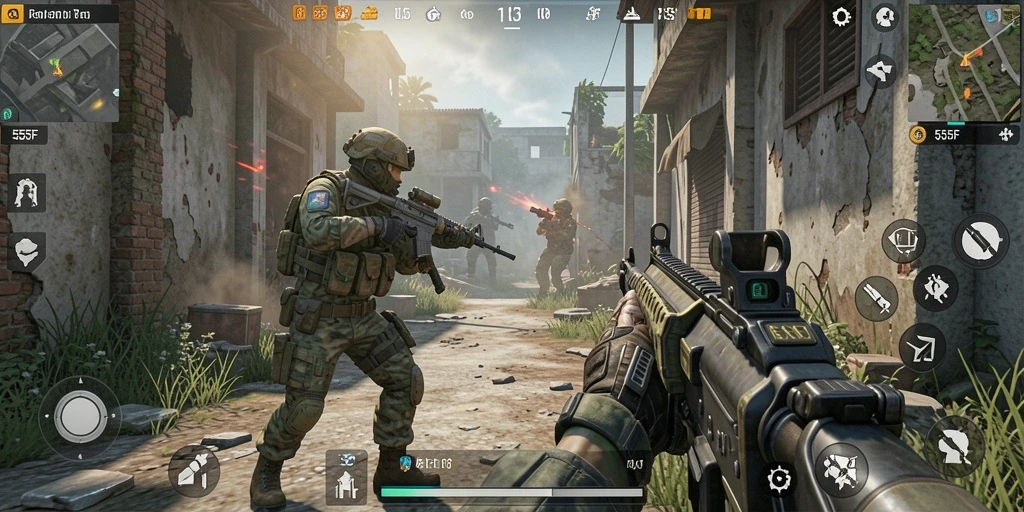 Tangkapan layar gameplay <strong>555F</strong> menunjukkan aksi tembak-menembak yang seru dan intens.