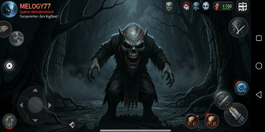 Screenshot menampilkan momen seram dalam gameplay MELODY77.
