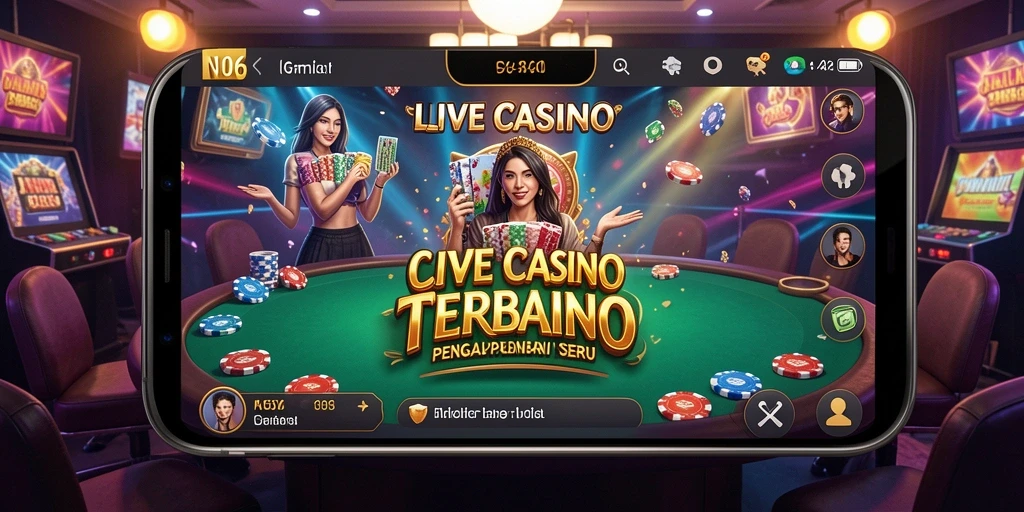 Screenshot gameplay N06 menampilkan dealer langsung dan suasana kasino yang hidup.