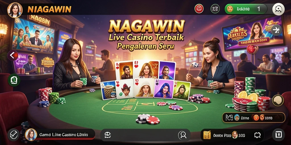 Screenshot gameplay NAGAWIN menampilkan dealer dan pemain dalam suasana Live Casino.