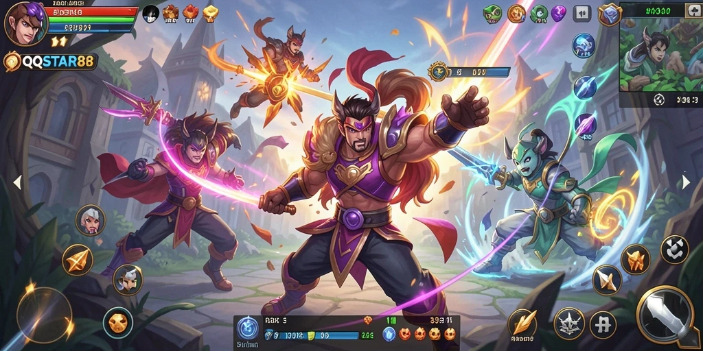Screenshot gameplay QQSTAR88 menunjukkan pertarungan yang mendebarkan.