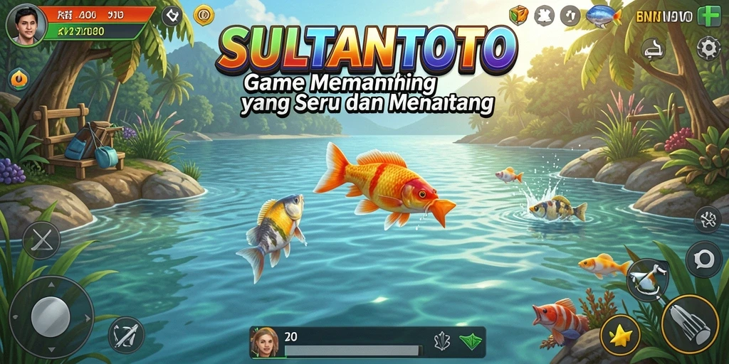 Screenshot utama gameplay SULTANTOTO yang menampilkan aksi memancing seru.